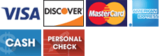 VISA, Discover, MasterCard, AMEX,Personal Check, Cash logos